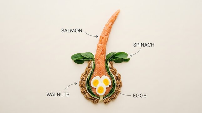 Hair follicle section rendered with salmon spinach walnuts and boiled eggs to illustrate nutritional support for hair
