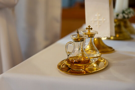 Liturgical oil vessels on a church altar