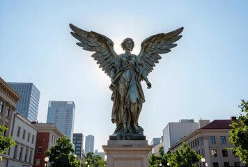Obraz premium Spirituality and urban peace, bronze angel statue with wings spread standing in a modern city center with sun flare and clear blue sky background