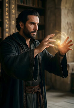 Fantasy magic and supernatural power, bearded man in medieval robes casting a glowing spell with hands in an ancient library with mysterious energy