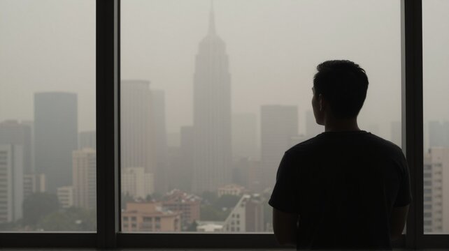 Man looking out a large window at a hazy cityscape with skyscrapers in smog or pollution