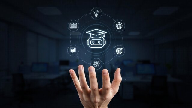 Human hand reaches upward to activate glowing artificial intelligence robot avatar representing advanced digital education systems for modern future learning environments