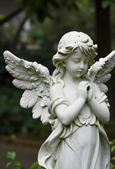 Obraz premium Spirituality and mourning, stone angel statue with praying hands in a peaceful garden setting for funeral services and memorial remembrance ceremonies