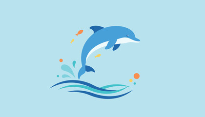 Fototapeta premium A playful blue dolphin leaping gracefully over ocean waves with sparkling water splashes and little fish in a vibrant aquatic scene.