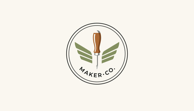 Vintage style round logo badge for a maker company featuring a wooden awl tool and green wings inside a double circle.