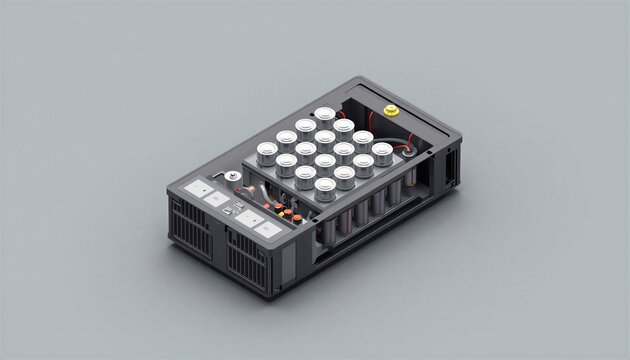 Isometric 3D cutaway view of an electric vehicle lithium-ion battery pack with cylindrical cells on grey background