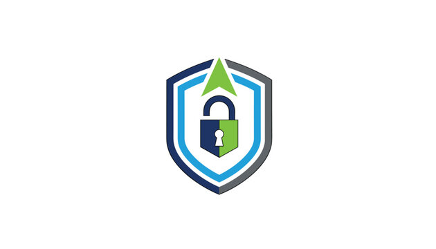 Cybersecurity vector logo featuring a blue and gray shield protecting an open padlock with a green security status and green arrow.