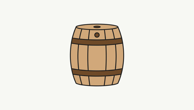 Wooden barrel with metal bands and a bunghole on top illustrated in flat vector style against a neutral light background.