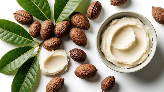 Raw shea nuts with fresh green leaves next to a bowl of creamy shea butter. Unrefined natural ingredient for skincare and cosmetics preparation on white backdrop. Healthy organic plant product.