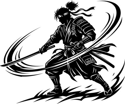 Japanese samurai warrior silhouette, ronin fighter with katana sword vector, traditional bushido martial arts character, black and white action graphic