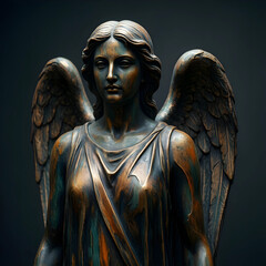 Obraz premium Spirituality and religion concept, bronze angel statue with wings in a serene pose for memorial and funeral themes on a dark background