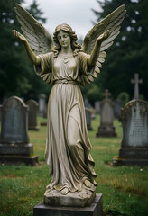 Obraz premium Grief and mourning concept, stone angel statue with open arms in a cemetery, peaceful memorial for loss and remembrance in a quiet graveyard setting