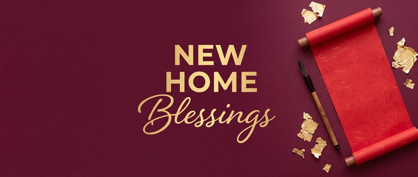 New home blessings Chinese scroll background with gold typography text, traditional calligraphy brush, and gold foil flakes flat lay composition for Asian housewarming celebration and prosperity banne