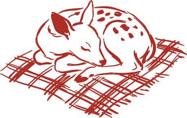 Fototapeta premium Sleeping fox curled on a woven nest in red naive illustration