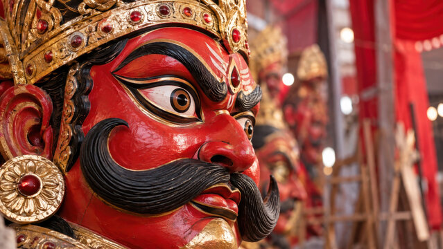 Ravana effigy close-up during Dussehra celebration, traditional Ramlila festival decor with dramatic red face and golden crown, Vijayadashami cultural heritage