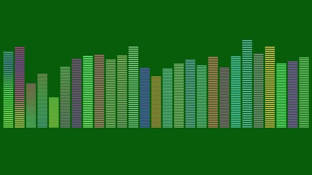 Minimalist audio spectrum visualization, neon sound equalizer bars music audio waveform animation on green background, 4k Multicolour audio equalizer bar overlay