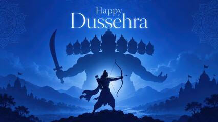 Fototapeta premium Dussehra scene featuring lord rama holding bow arrow in devotional artwork in sacred mythological festival scene with vijayadashami greeting under radiant traditional ambience