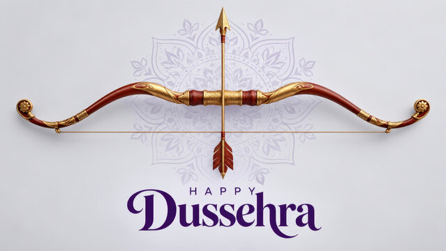 Traditional bow with arrow on ornamental mandala background, happy dussehra festival greeting, indian holiday celebration, victory of good over evil, cultural religious banner