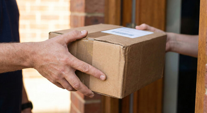 Courier delivering a cardboard package to a customer at the front door of a residential home