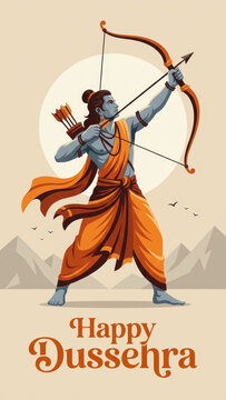 Dussehra scene featuring lord rama holding bow arrow in devotional artwork in sacred mythological festival scene with vijayadashami greeting under clear traditional ambience
