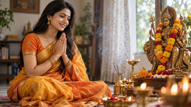 Indian woman praying front of Goddess Durga idol, smiling woman in traditional yellow saree namaste gesture, Dussehra Durga Puja prayer ceremony home
