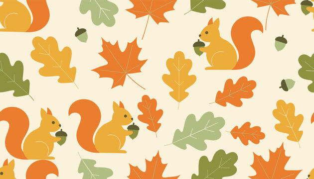 A charming autumn seamless pattern featuring cute squirrels holding acorns and various colorful fall leaves on a cream background.