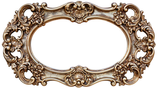 Isolated antique ornate oval picture frame, elegant rococo style gilded design for photographs