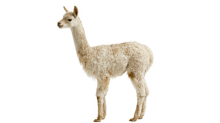 Isolated young alpaca with fluffy cream fur standing elegantly on a clean background © Andrei