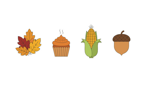Collection of autumn icons including colorful oak leaves, a delicious cupcake, fresh corn on the cob, and a ripe acorn.