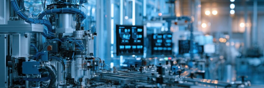 A factory production line shows machines and monitors displaying unit count numbers and production efficiency in a well-lit space.