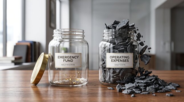 Financial management glass jars for emergency fund and operating expenses, empty savings jar versus overflowing business costs, corporate budget planning concept
