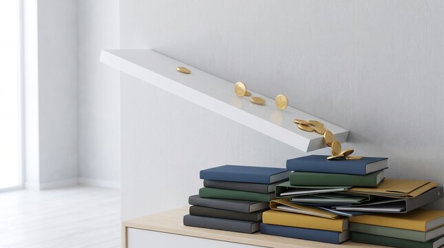 Financial loss concept with gold coins sliding off a broken shelf, falling money on a stack of books, economic instability and debt metaphor