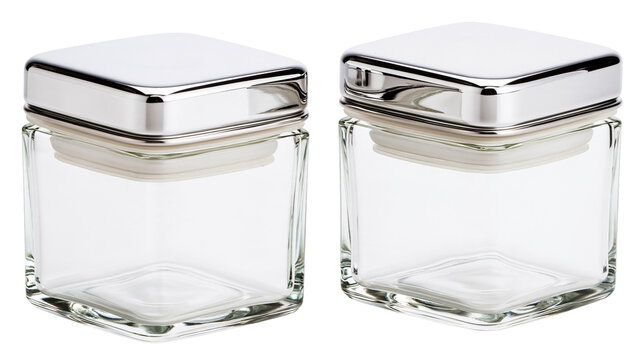 Isolated empty square glass jars with shiny silver metallic lids, perfect for kitchen storage