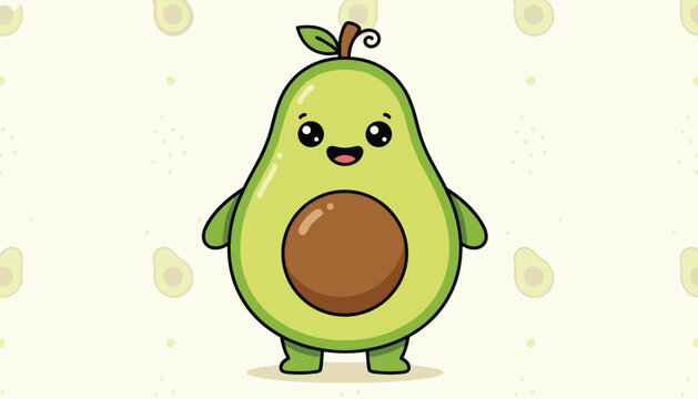 Cute cartoon vector illustration of a happy smiling avocado character with arms, legs, and a big pit, on a patterned background.
