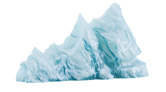 Isolated icy blue glacier formation with jagged peaks and textured surface, cold and dramatic