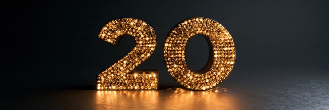 Large scale numbers two and zero form a display celebrating a corporate 20th anniversary in an elegant setting with amber lighting.