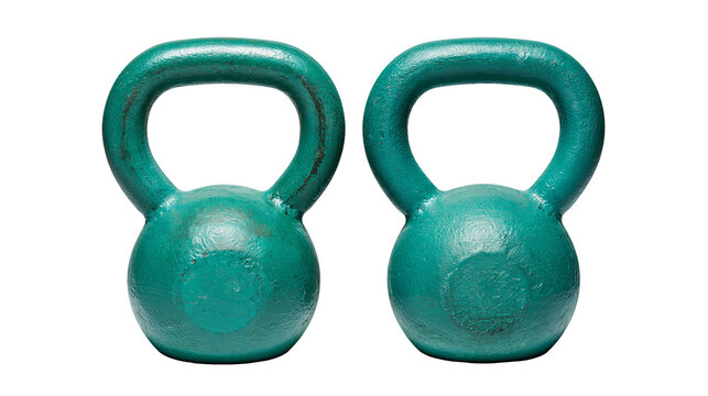 Isolated two vibrant green cast iron kettlebells, displayed with an alphanumeric identifier.