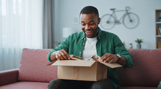 Happy man excited while opening parcel box sitting on sofa