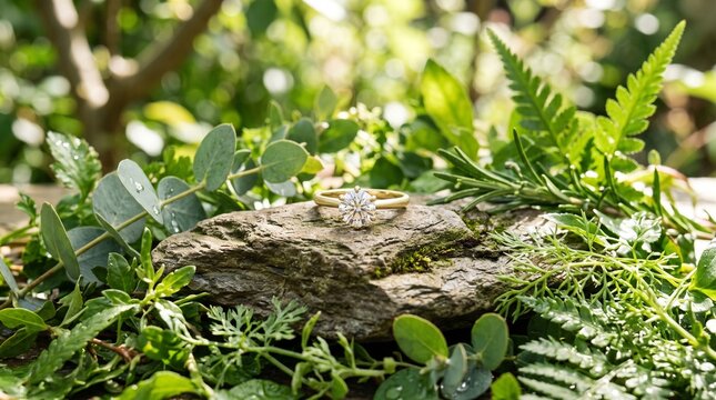 Elegant Solitaire Diamond Engagement Ring on Natural Rock Surrounded by Lush Greenery and Water Droplets