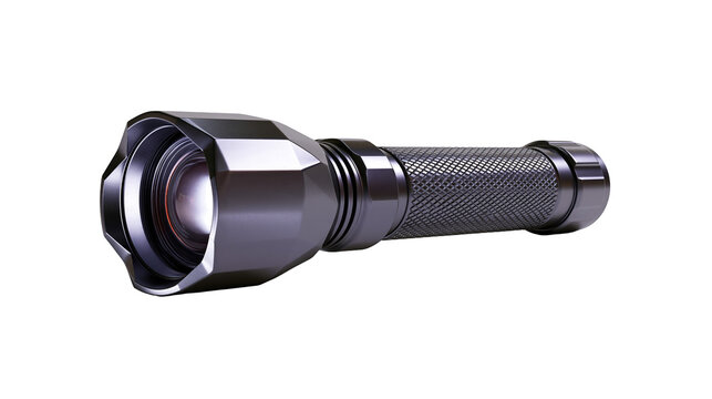 Isolated powerful metallic flashlight with textured handle for outdoor adventures and emergency lighting