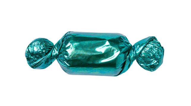 Isolated single piece of sweet candy in a shiny crumpled teal foil wrapper with twisted ends