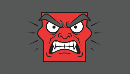 Fototapeta premium Angry red square cartoon face with sharp teeth, furrowed eyebrows, and steam coming out for emoticons.