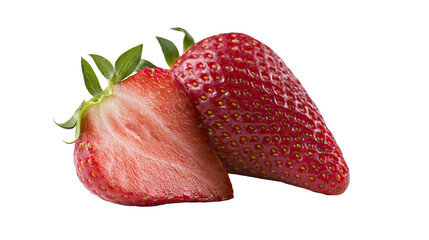 Isolated fresh ripe red strawberry fruit, one whole and one half, vibrant summer berry © Francisco