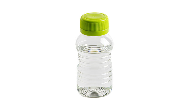 Isolated small transparent plastic bottle with bright green cap filled with refreshing pure water.