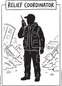 Relief coordinator silhouette standing in a disaster zone with a walkie talkie volunteer day