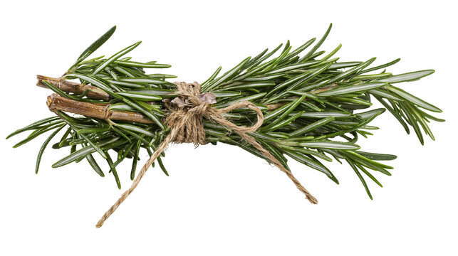 Isolated fresh vibrant green rosemary sprigs tied with natural twine, fragrant culinary herb