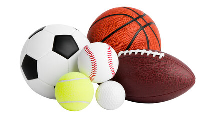Isolated assortment of popular sports balls such as soccer, basketball, football, baseball, tennis. © Francisco