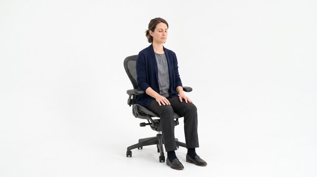 A woman sitting in an office chair with her hands on her lap and her eyes closed. She is wearing a navy blue blazer over a gray shirt and black pants