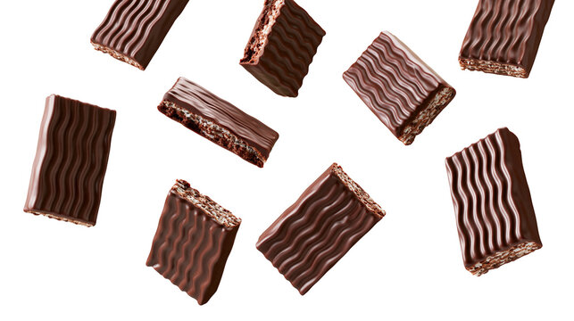 Isolated delicious chocolate wafer bars, crunchy snack pieces with creamy filling, sweet dessert.