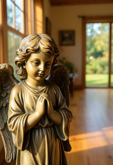 Obraz premium Spirituality and peace, small angel statue with hands in prayer position standing in a sunlit home interior with soft natural light and wooden floor